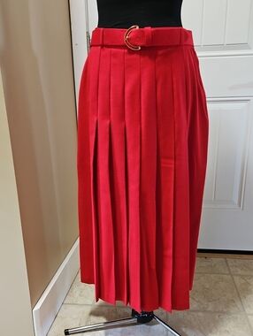 Vintage 80s 90s Red Wool Pleated A-Line Skirt by Antels MXM Size 34